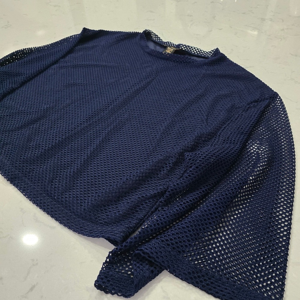 RAIN Navy Blue Mesh Lace Overlay Top Wide Bell Sleeve Crew Neck Size Large